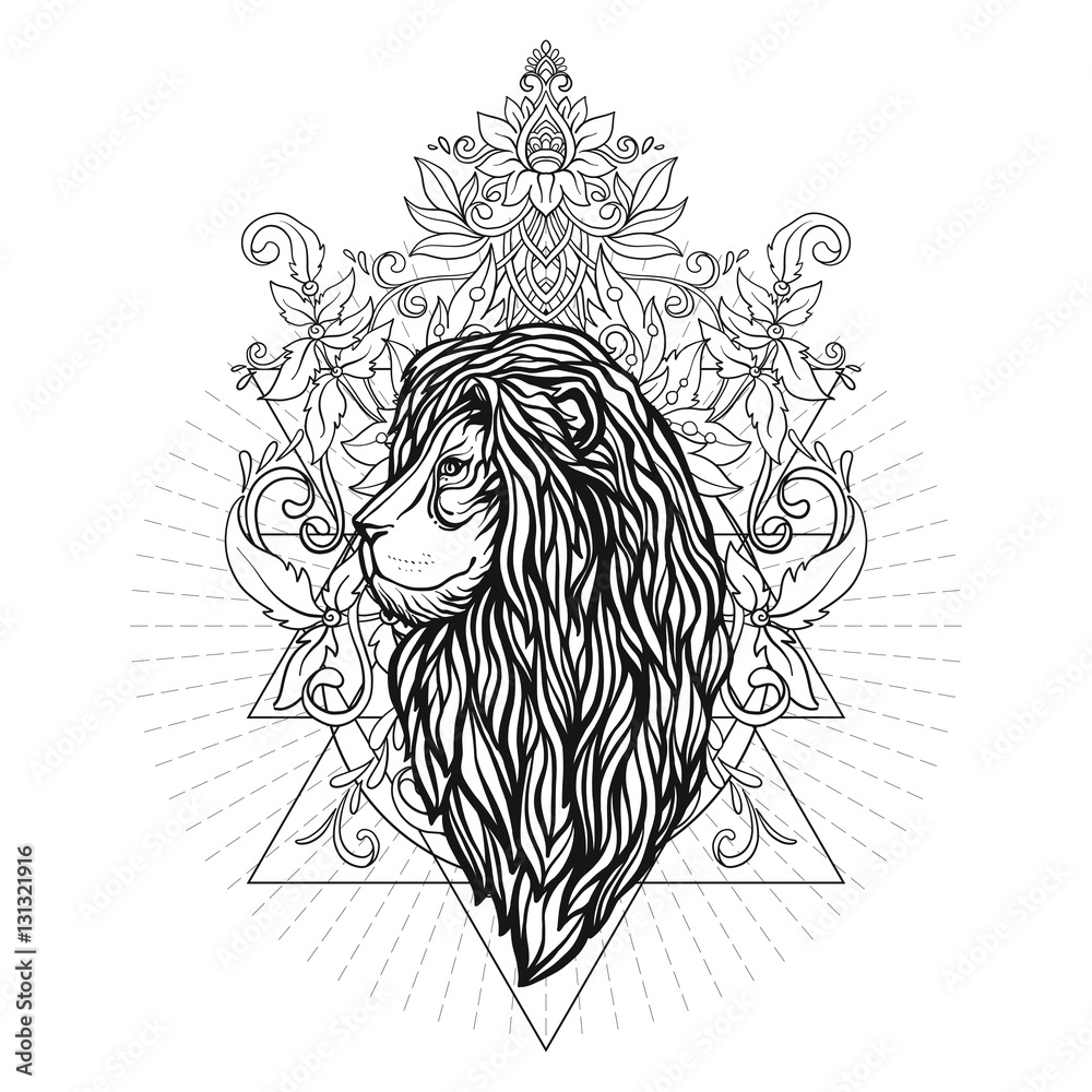 Fototapeta premium Vector ornamental Lion head with sacred geometry. Hand drawn ill