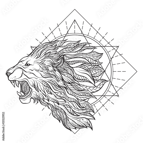 Fototapeta Naklejka Na Ścianę i Meble -  Vector ornamental Lion head with sacred geometry. Hand drawn ill