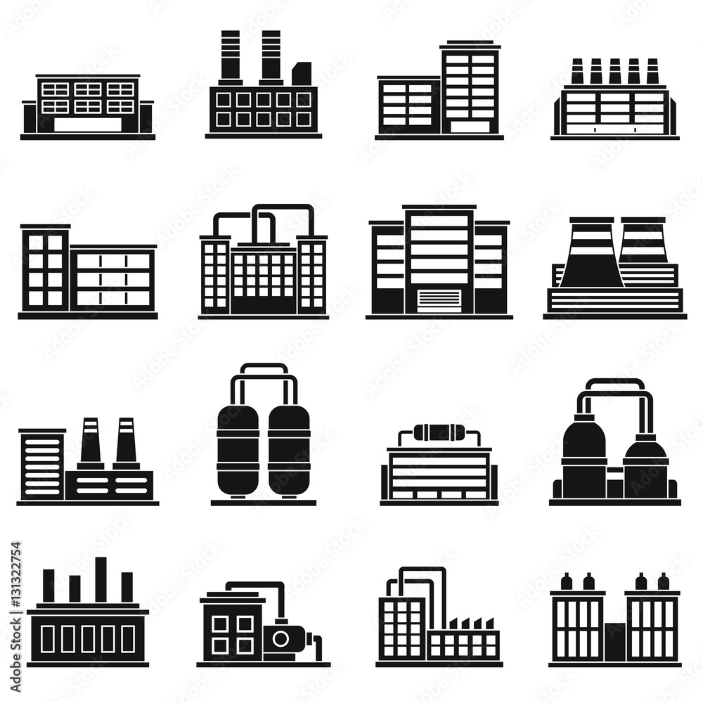 Fototapeta premium Industrial building factory icons set. Simple illustration of 16 industrial building factory vector icons for web