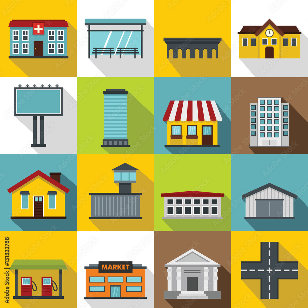 City infrastructure items icons set. Flat illustration of 16 city infrastructure items vector icons for web