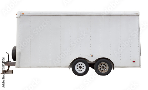Side view of isolated four wheel white utility trailer.