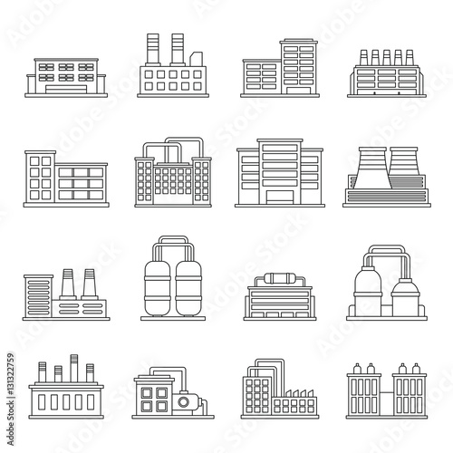 Industrial building factory icons set. Outline illustration of 16 industrial building factory vector icons for web