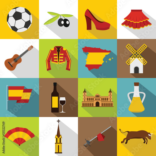 Spain travel icons set. Flat illustration of 16 Spain travel vector icons for web
