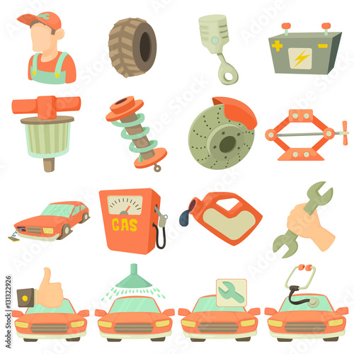 Car repair items set. Cartoon illustration of 16 car repair items vector icons for web