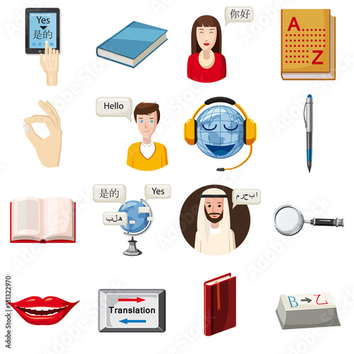 Translator profession tools set. Cartoon illustration of 16 translator profession vector icons for web