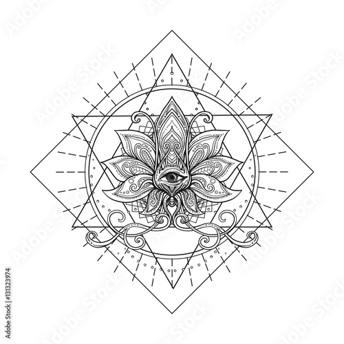 Vector ornamental Lotus flower, sacred geometry, eye. Hand drawn