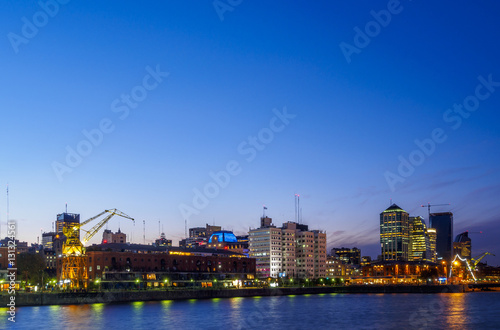 Argentina, Buenos Aires Province, City of Buenos Aires, Twilight view of Puerto Madero.