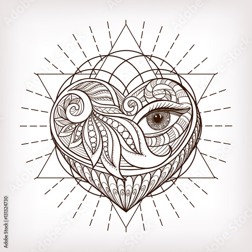 Vector ornamental Love Heart, sacred geometry, eye. Hand drawn i