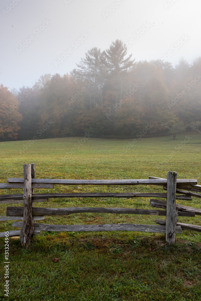 Section of Split Rail Fence and Foggy Field