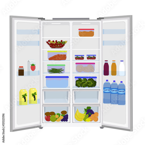 Open fridge full of fresh fruits and vegetables