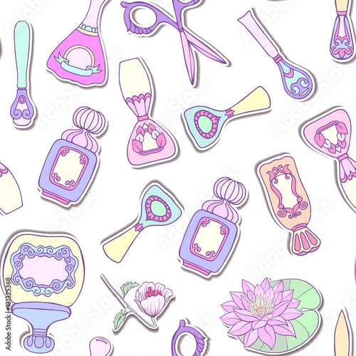 Set of Manicure: scissors, nail file, nail polish, liquid, perfu
