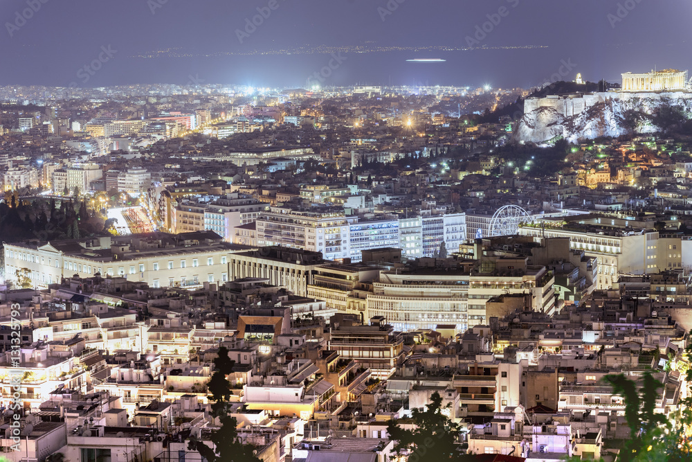 Acropolis in Athens,Greece,  monastiraki, plaka,view of downtown at night
