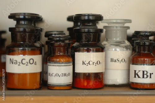 A plurality of containers with different chemicals in a laboratory.