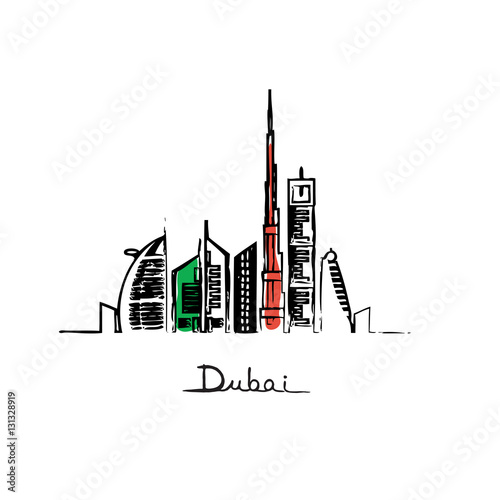 Canvas Print Dubai city landmarks flag colors
