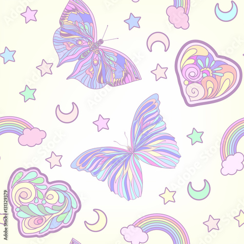 Seamless pattern with traditional Japanese motifs, butterflies,