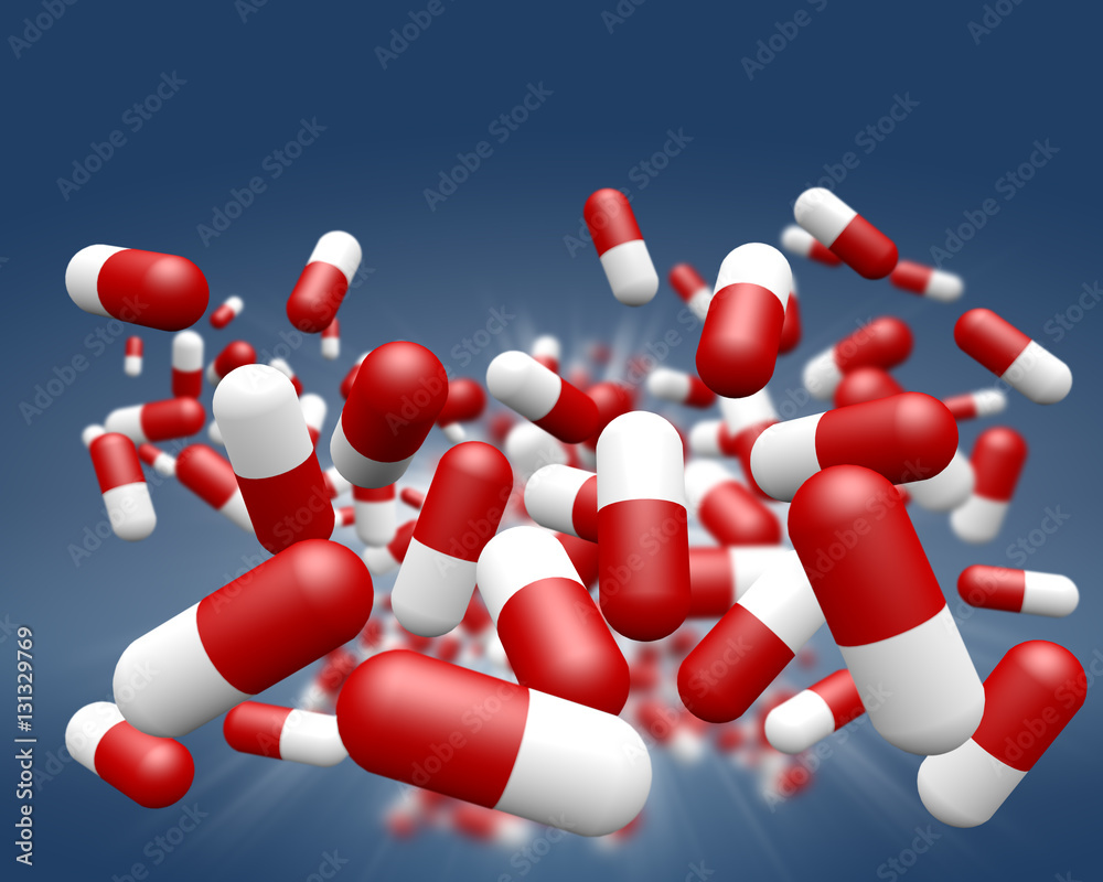 Medicine abstract 3d illustration with chaotic fiery flying capsules pills. Medication concept. Medicine abstract 3d illustration with chaotic fiery flying capsules pills. Medication concept.