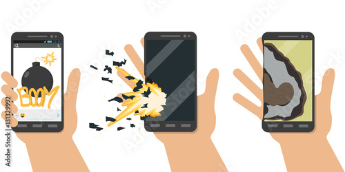 Explosion phone. Battery explosion. Terrorists using virus programs did overload in battery, and it exploded. Vector illustration