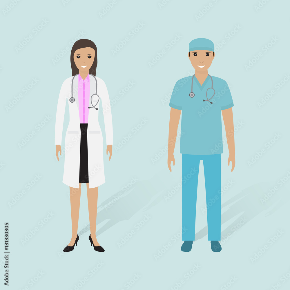 Female doctor and male nurse with shadows. Hospital staff. Medical people. Female doctor and male nurse with shadows. Hospital staff. Medical people.