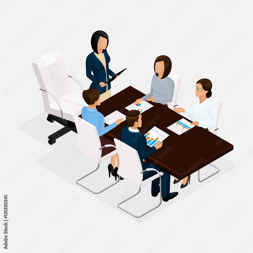 Isometric people, businessmen 3D business woman. Discussion, negotiation concept work, brainstorming. Director provides a report isolated