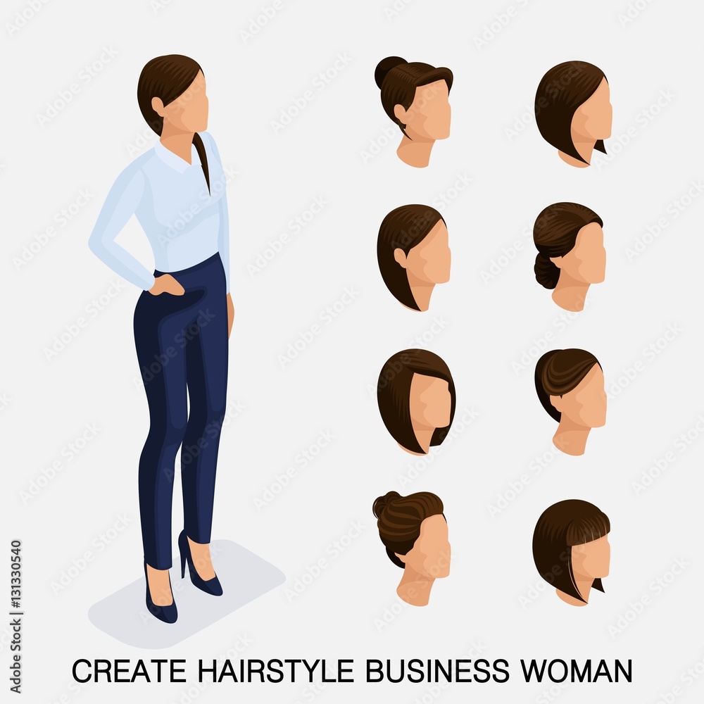 Trendy isometric set 11, women's hairstyles. Young business woman, hairstyle,  hair color, isolated. Create an image of the modern business woman. Vector  illustration Stock Vector | Adobe Stock