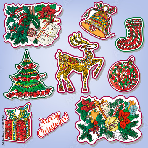 fashion patches with Christmas symbols: deer, bell, ball, fir-tr