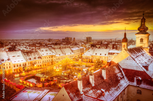 Panoramic view over Christmas Market in Sibiu, Transylvania, Romania