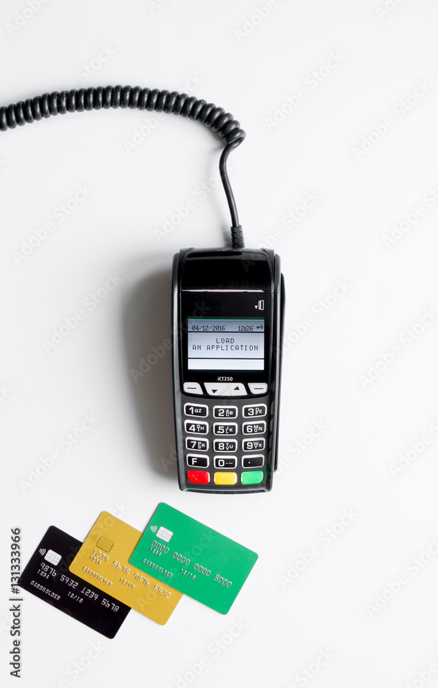 payment terminal with card on white background top view payment terminal with card on white background top view
