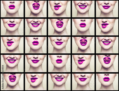 collage of pink lips, close-up portrait