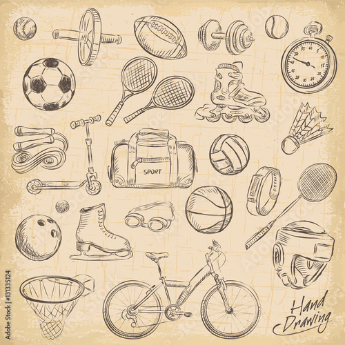 Sport sketch equipment. Drawing doodle collection, isolated. Vector