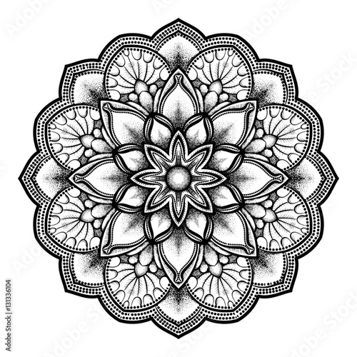 Vector illustration dotted round mandala in black isolated on white background. Round decorative ornament. Geometrical elements in trendy dotwork style for tattoo.