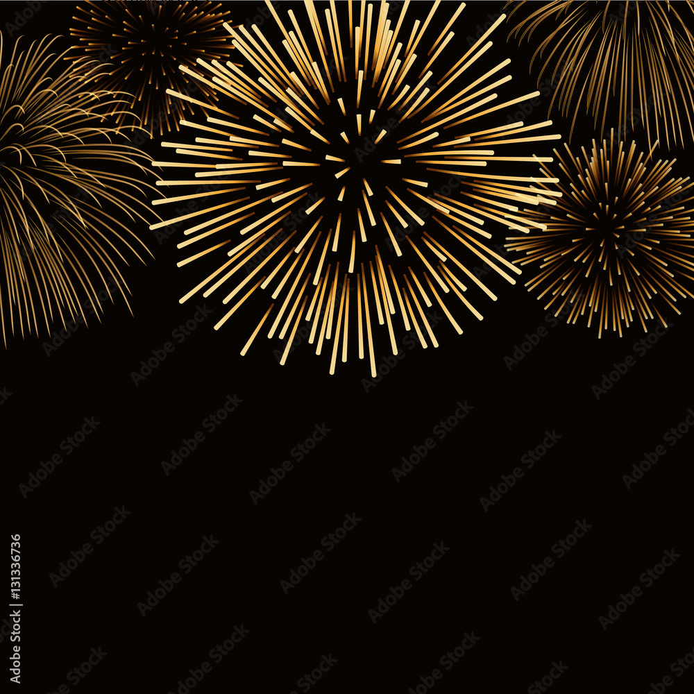 Fototapeta premium Firework gold bursting sparkle background card. Golden night fire, beautiful explosion for celebration, holiday, Christmas, New Year, birthday. Symbol festive, anniversary. Vector illustration