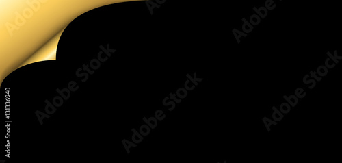 Gold metallic paper corner with shadow on black background. Golden turn empty sticker. Curl note label. Template curly edge sheet document. Decoration graphic element banner Vector illustration
