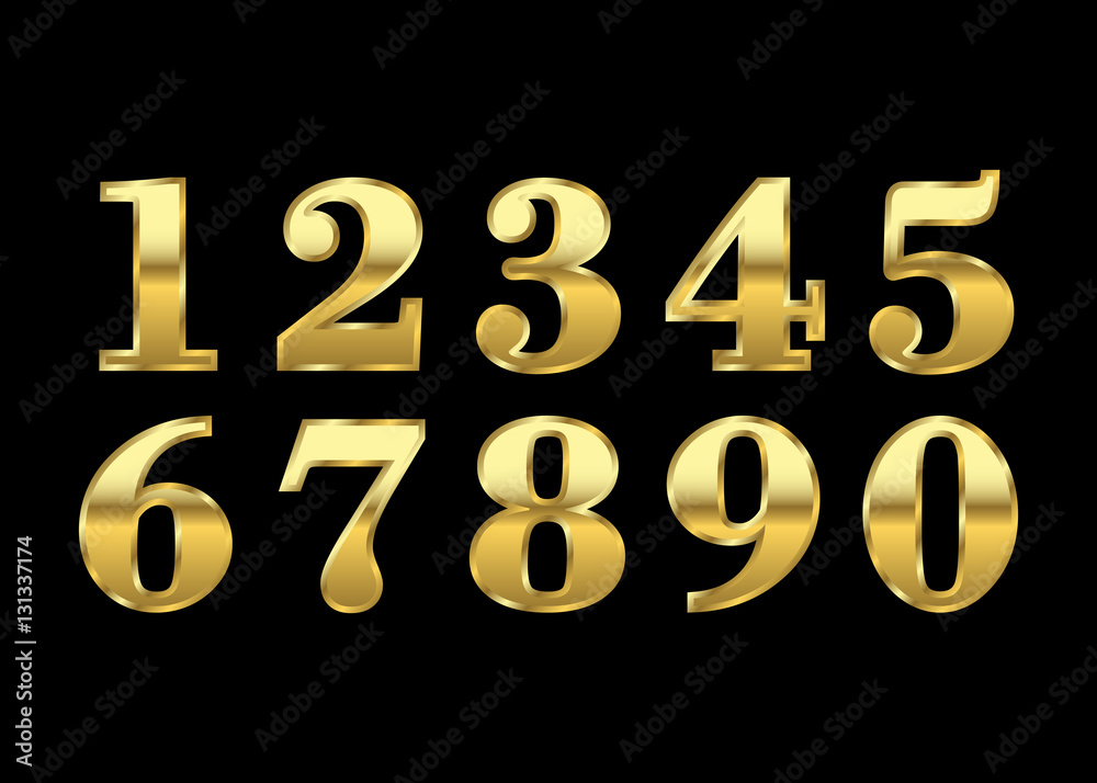 Gold numbers set. Golden metallic font, isolated on black background. Beautiful typography metal design for decoration. Symbol elegance royal graphic. Modern fashion signs. Vector illustration