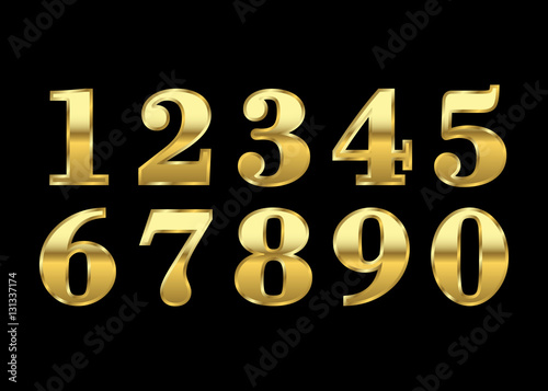 Gold numbers set. Golden metallic font, isolated on black background. Beautiful typography metal design for decoration. Symbol elegance royal graphic. Modern fashion signs. Vector illustration
