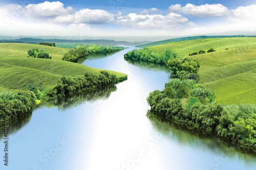 Zigzag river flows between summer valleys, color illustration