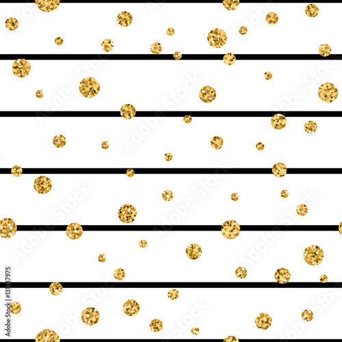 Gold polka dot on lines seamless pattern background. Golden foil confetti. Black and white stripes. Christmas glitter design decoration for card, wallpaper, wrapping, textile. Vector Illustration