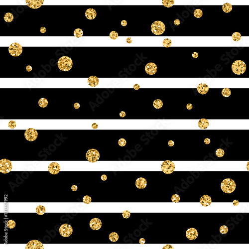 Gold polka dot on lines seamless pattern background. Golden foil confetti. Black and white stripes. Christmas glitter design decoration for card, wallpaper, wrapping, textile. Vector Illustration