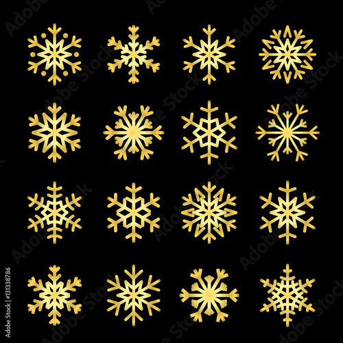 Gold Christmas snowflakes icons set. Golden silhouette snow flake sign isolated on black background. Elegant design card  decoration. Symbol winter  New Year holiday celebration Vector illustration