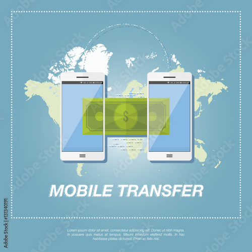 Money transfer vector concept. Sending banknote from smart phone on smart phone on the background of the world map. Illustration in flat style.
