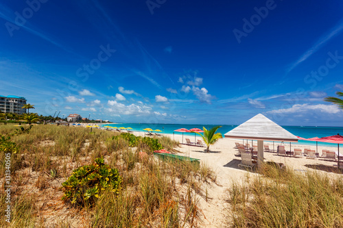 Sand dunes behind a stretch of the long Grace Bay Beach, Providenciales, Turks and Caicos  photo