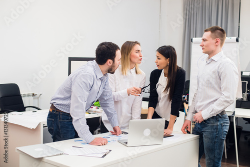 Group Young Coworkers Making Great Business Decisions.Creative Team Discussion Corporate Work Concept Modern Office.Startup Marketing Idea Presentation.