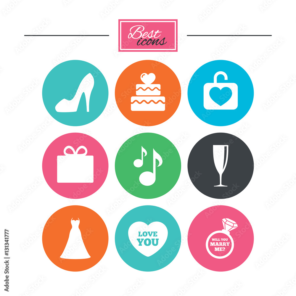 Wedding, engagement icons. Cake, gift box. Wedding, engagement icons. Cake, gift box.