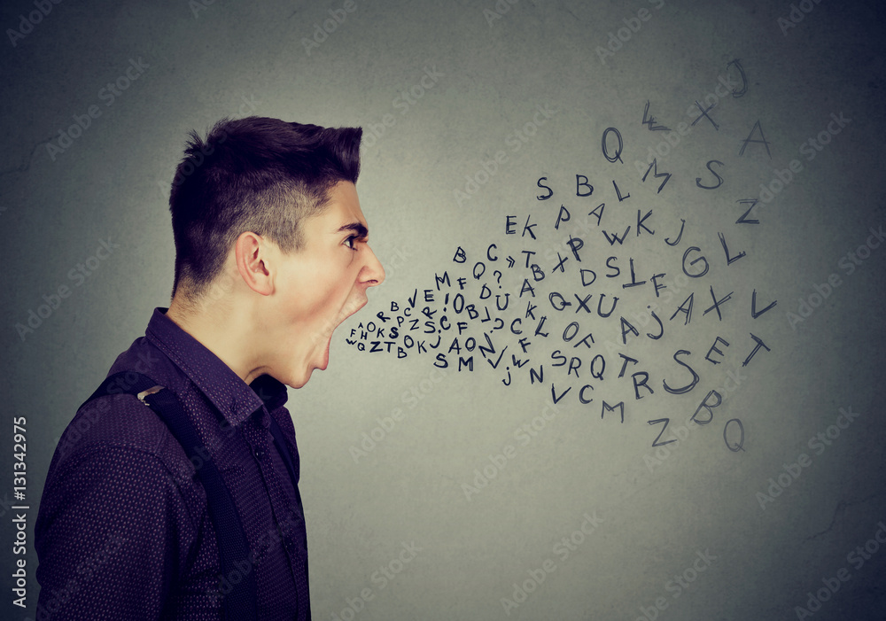 Angry man screaming alphabet letters coming out of mouth Angry man screaming alphabet letters coming out of mouth