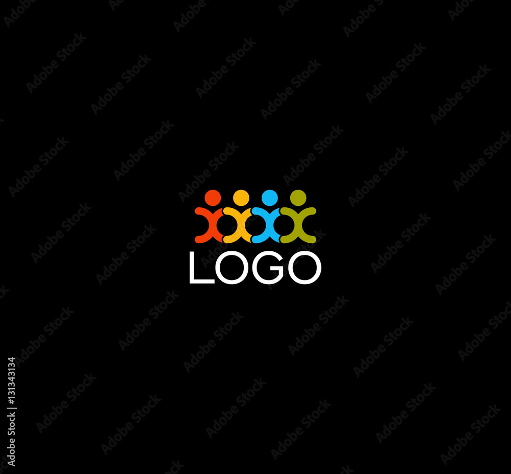 Isolated human silhouettes holding hands logo. People unity logotype. Abstract colorful vector illustration on black background. Isolated human silhouettes holding hands logo. People unity logotype. Abstract colorful vector illustration on black background.