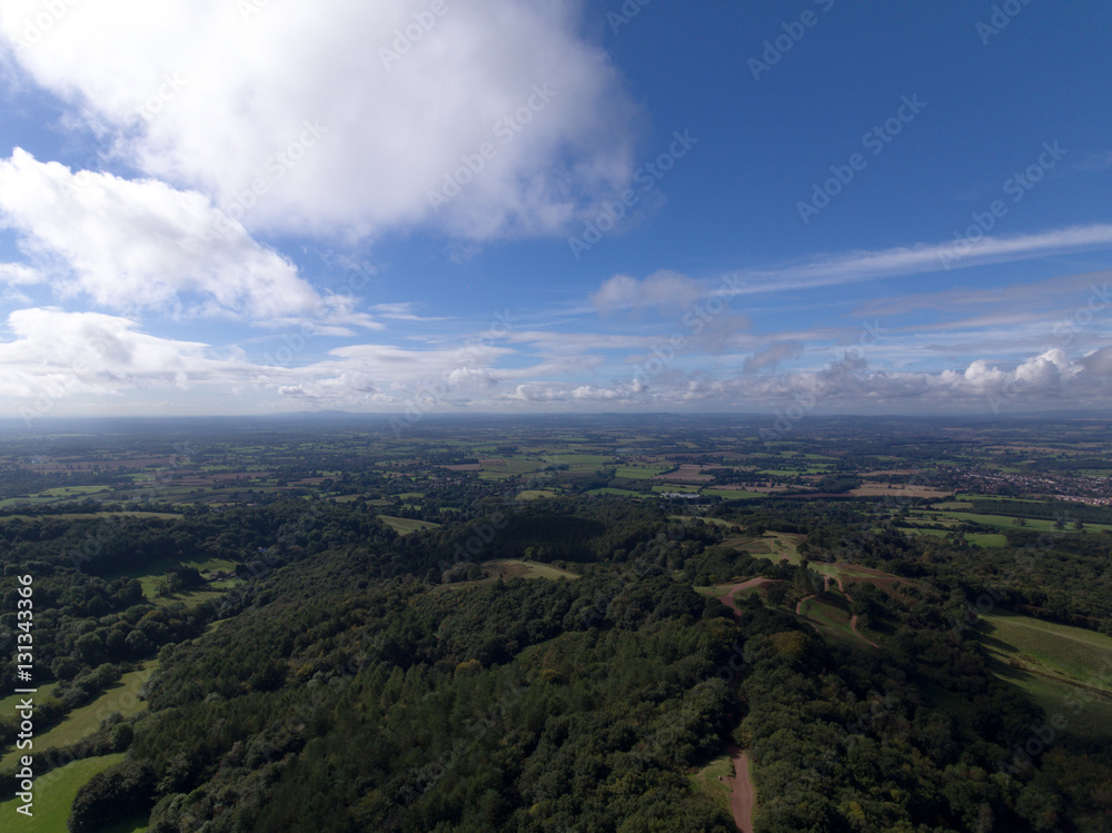 Aerial view of the Clent Hills and Worcestershire, UK.
