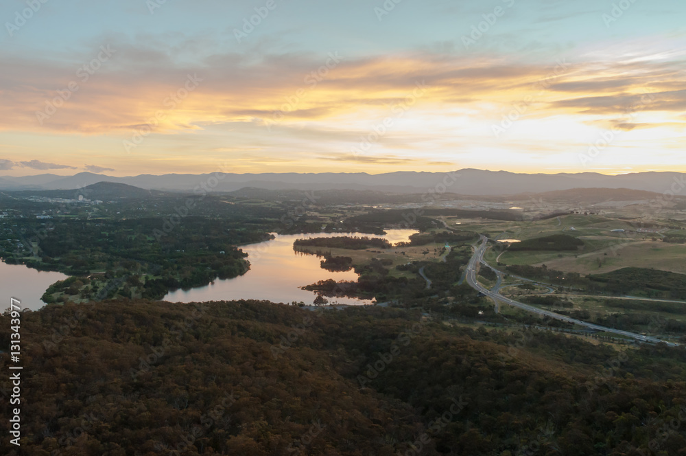 Evening sunset view of Canberra lakes and environs.