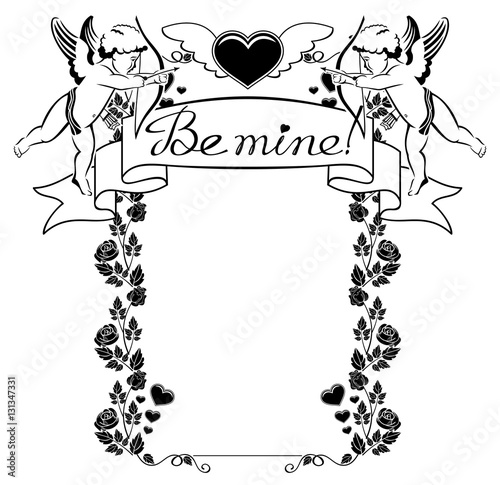 Black and white label with cupid and artistic written text:"Be mine!". 