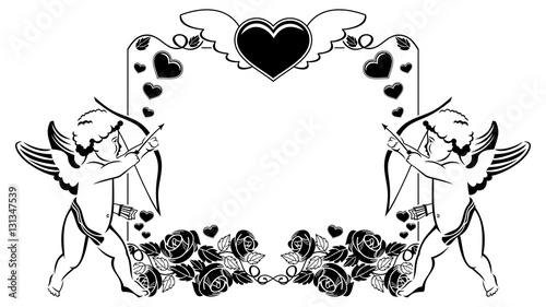 Black and white Valentine frame with cupid and hearts. 