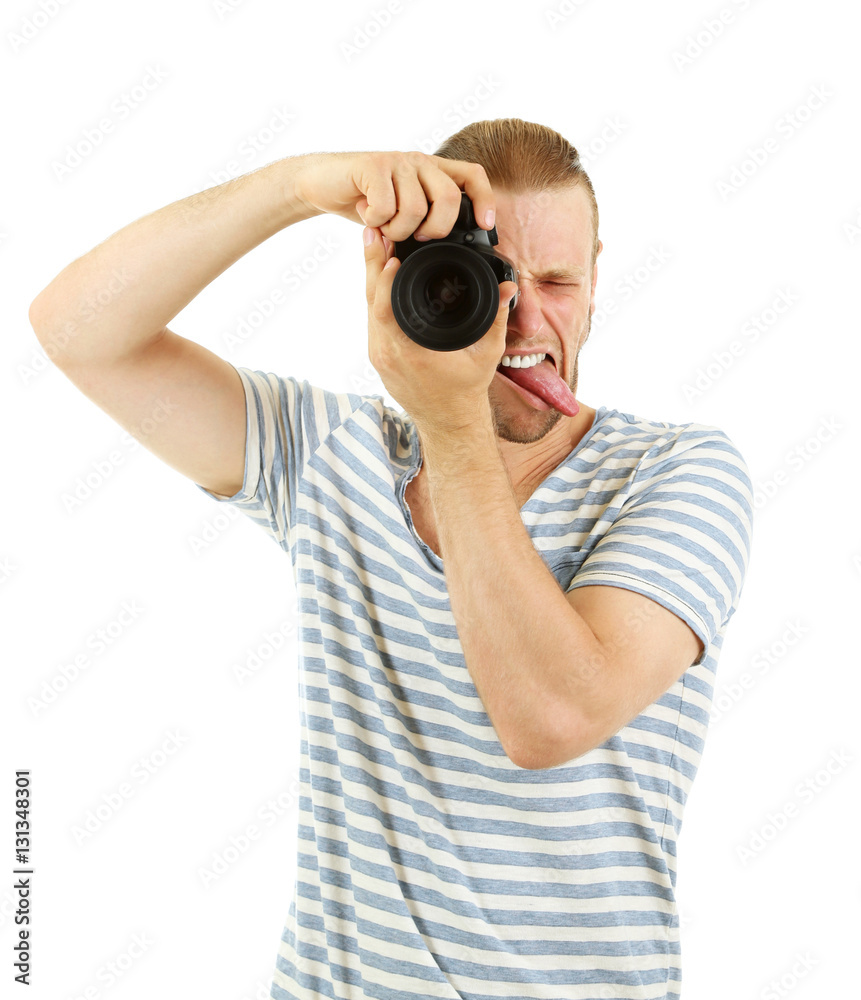 Handsome photographer with camera, isolated on white Handsome photographer with camera, isolated on white