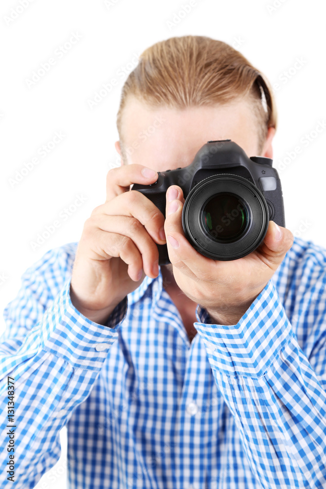 Handsome photographer with camera, isolated on white Handsome photographer with camera, isolated on white